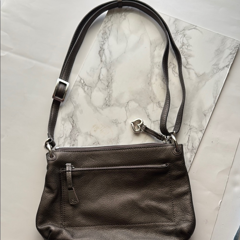 Brighton Pewter Bria Messenger / Shoulder Bag . Elegant brown pebbled Leather